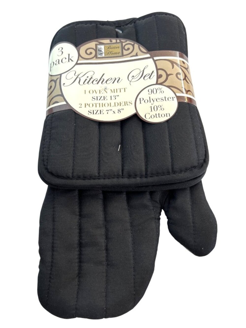 Better Home Kitchen Set 1 Oven Mitt 2 Pot Holders Black/Gray NWT